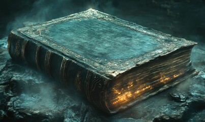 Ancient glowing book rests on dark rocks