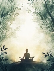 Meditation in a serene natural setting with gentle light and calming greenery