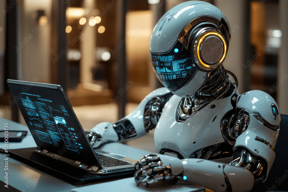 Poster a futuristic robot uses a laptop, showcasing advanced ai and technological integration.