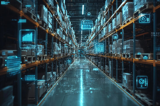 Smart warehouse with digital overlay showing inventory management, automation, and data analytics.