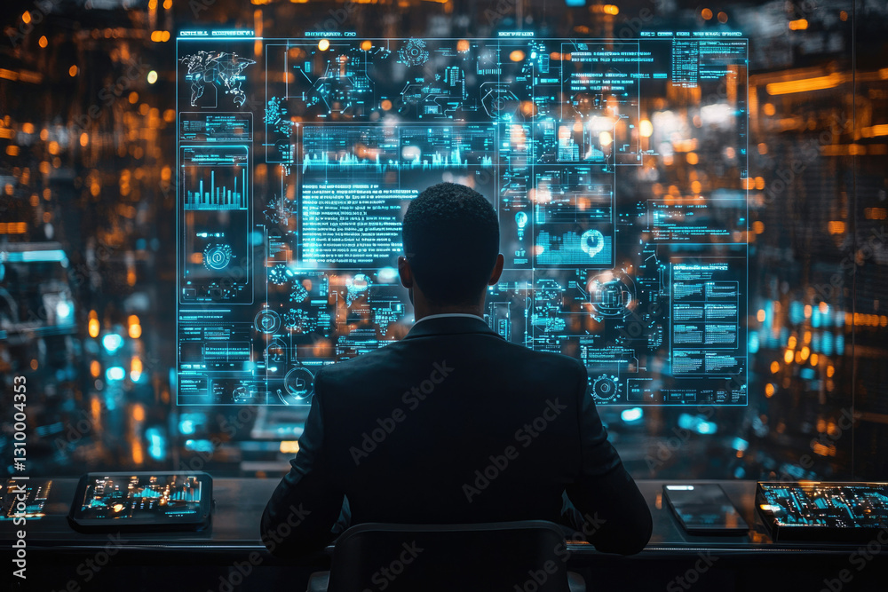 Poster A person sits before a large screen displaying complex data visualizations and code, representing data analysis or system monitoring.