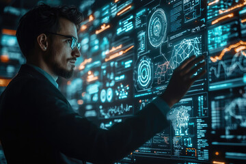 A man interacts with a futuristic, data-rich holographic interface, analyzing complex information.