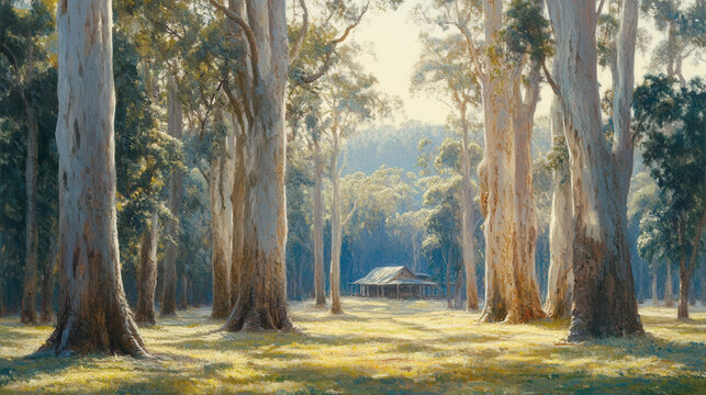 A picturesque grove of giant eucalyptus trees with smooth, peeling bark in soft, natural tones