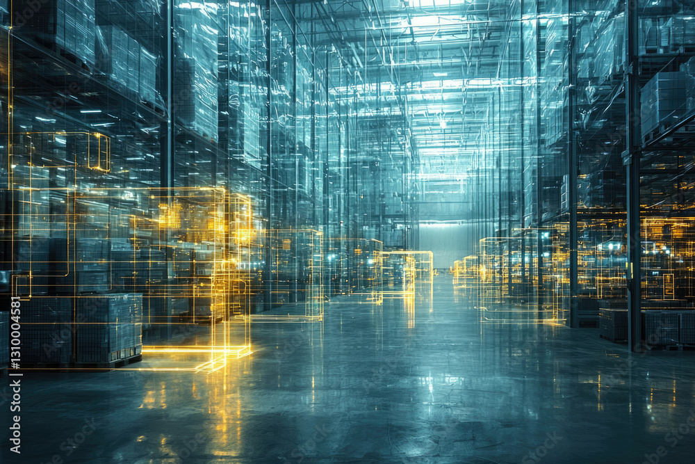 Poster a futuristic warehouse with digital overlays showcasing advanced inventory management and automation