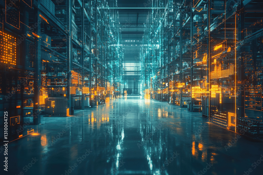 Poster futuristic smart warehouse with digital overlays showcasing advanced inventory management and automa