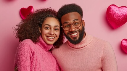 Young woman and man in stylish pink clothing sharing a joyful moment together on Valentines Day