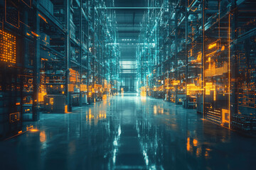 Futuristic smart warehouse with digital overlays showcasing advanced inventory management and automation.