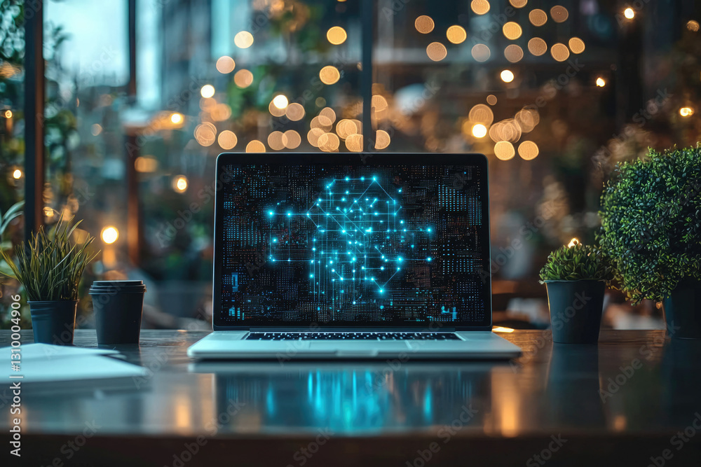 Poster laptop displaying a neural network graphic, symbolizing ai and technology in a cozy atmosphere.