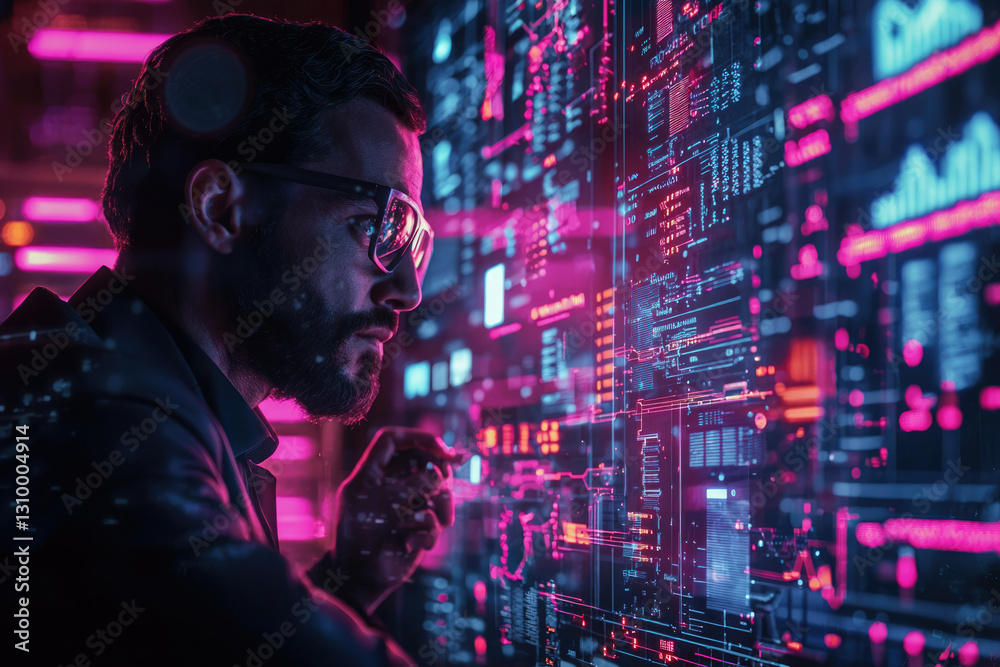 Aufkleber A man analyzes complex data streams visualized on a futuristic digital interface, illuminated in vibrant neon colors.
