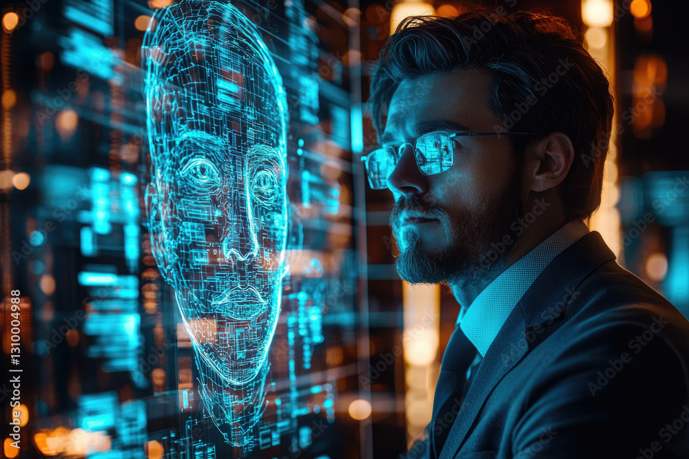 Poster a man examines a digital representation of a face, showcasing advancements in artificial intelligenc