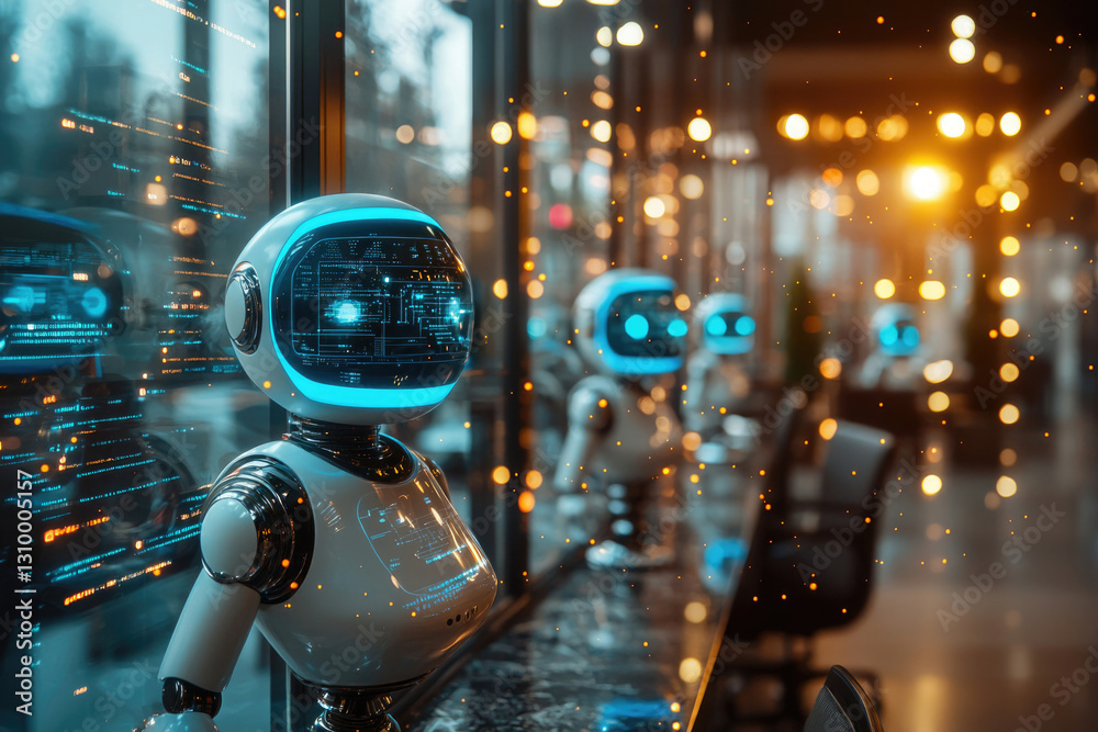 Poster futuristic robots with digital interfaces stand in a modern office setting, showcasing technological