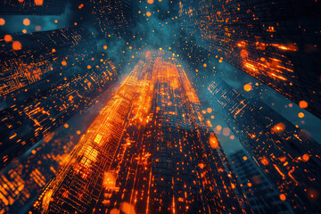 Fototapeta premium Futuristic cityscape at night, towering skyscrapers ablaze with vibrant orange and blue lights.