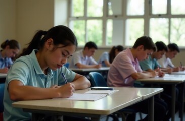 Fototapeta premium Focused students taking a test in classroom with bright windows