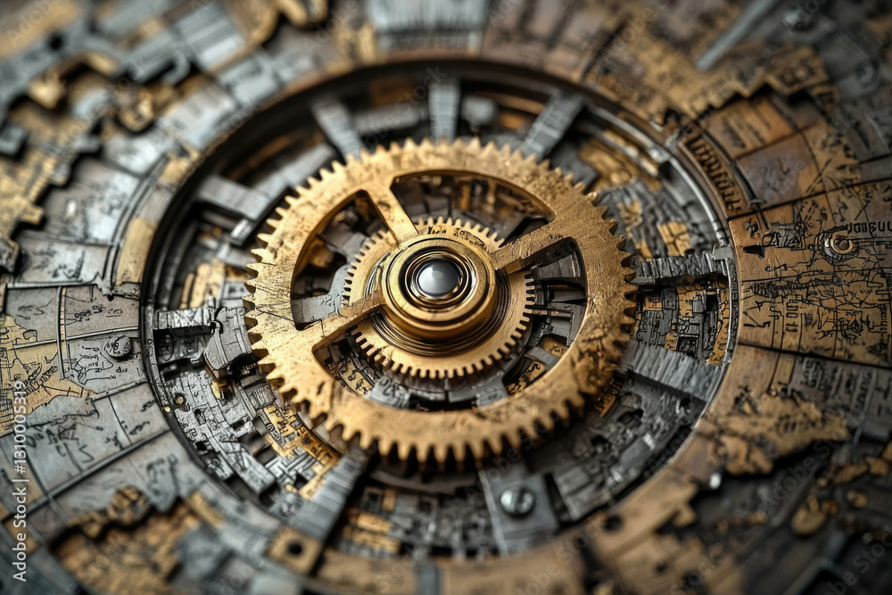 Poster intricate steampunk-inspired clockwork mechanism with gold and silver gears, detailed textures and e