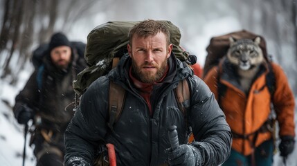 Fototapeta premium A group of adventurers approaches snowy mountains carrying backpacks, showcasing their determination and the beauty of winter exploration amidst a breathtaking landscape.