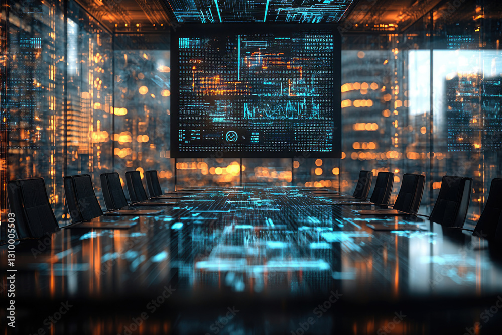 Aufkleber Modern futuristic boardroom with a large screen displaying data visualizations and city lights in the background.