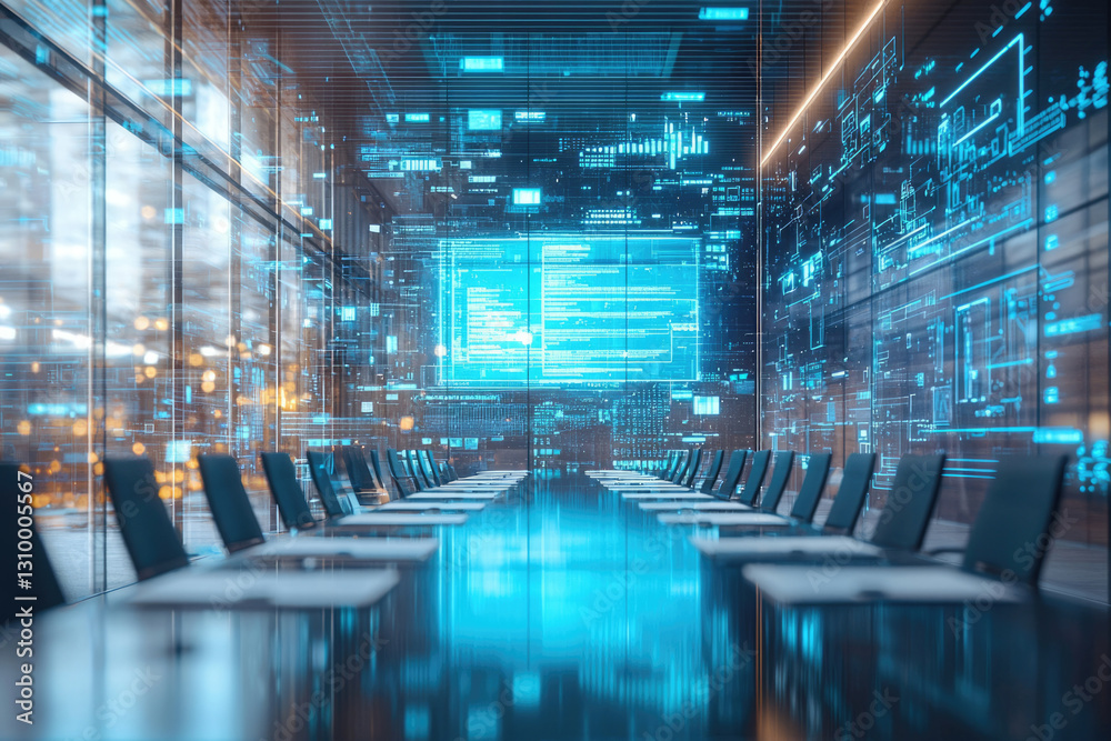 Poster modern conference room with holographic digital data projections on walls and a large screen, showca