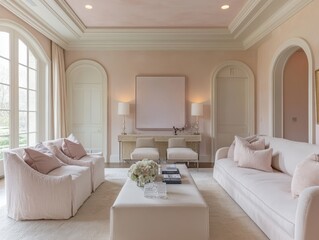 A luxurious living room furnished in soft pink and white colors