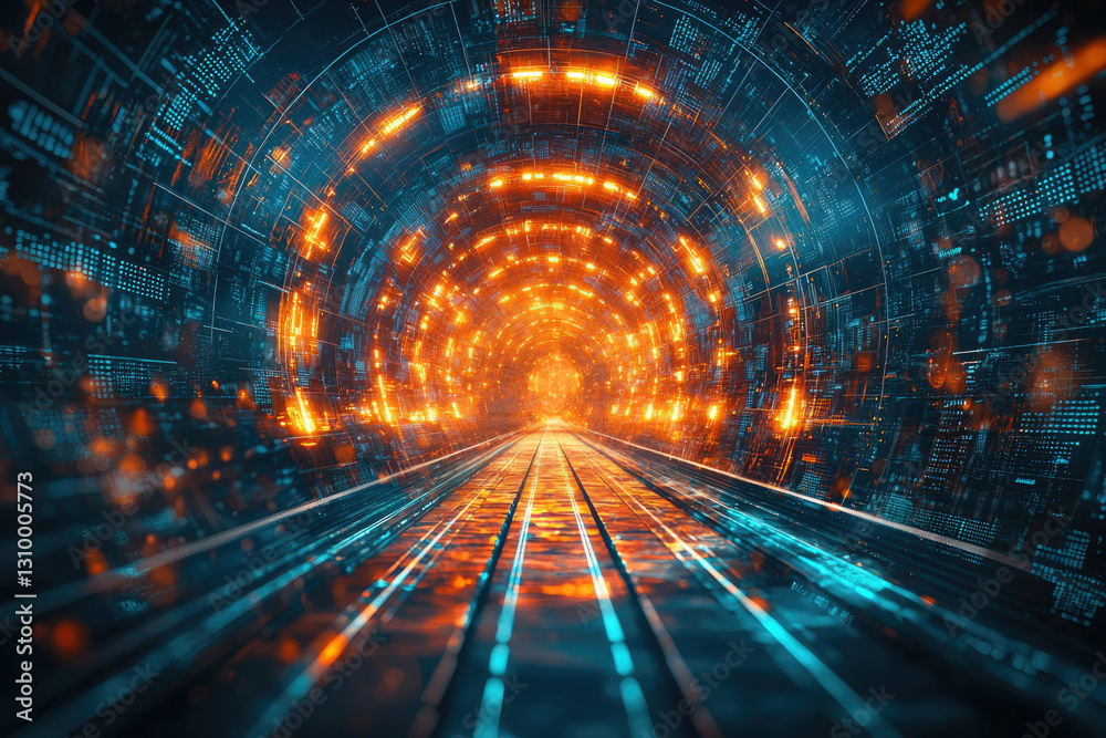 Poster a digital tunnel glowing with orange and blue light, representing data flow and technological advanc