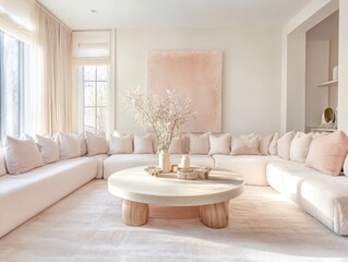 A modern living room interior features comfortable furniture and decor