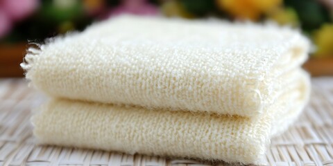Soft creamy towels stacked in pristine condition on textured surface