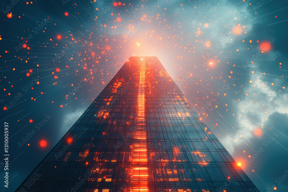 Poster a futuristic skyscraper glows brightly, surrounded by a mesmerizing display of red lights streaking 