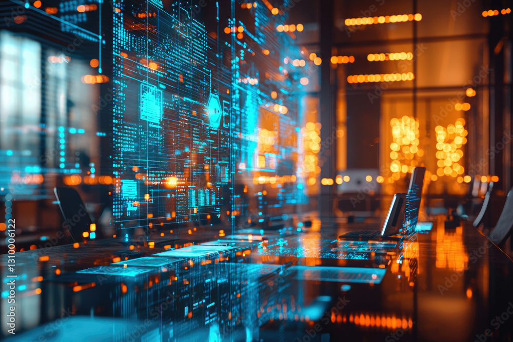 Poster Futuristic digital workspace with holographic displays showcasing data streams and code, reflecting modern technology and innovation.