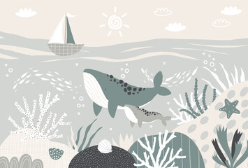 Vector illustration underwater world with cute mama whale and baby whale . Algae and coral, sun and clouds. Children's sea wallpaper. Animals. Kids room design, wall decor. Mural. Wall art. © ZHUKO