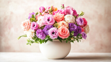 Elegant bouquet of pink and purple flowers in a white ceramic vase