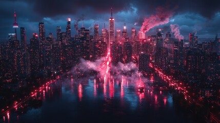 Fototapeta premium Cityscape, fiery explosion, night, reflection, disaster