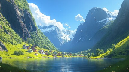 Fototapeta premium Picturesque fjord village nestled in a valley surrounded by towering mountains. Lush green vegetation, charming houses, and a tranquil lake reflect the clear blue sky