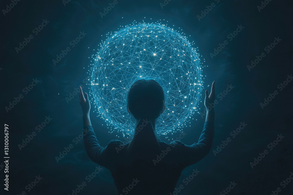 Poster A person interacts with a glowing orb representing global interconnectedness and network visualization.