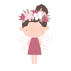 Vector illustration cute fairy girl with wings in a dress with a wreath of flowers on her head. Cartoon forest princess fairy. Delicate illustration for girls. Magic.