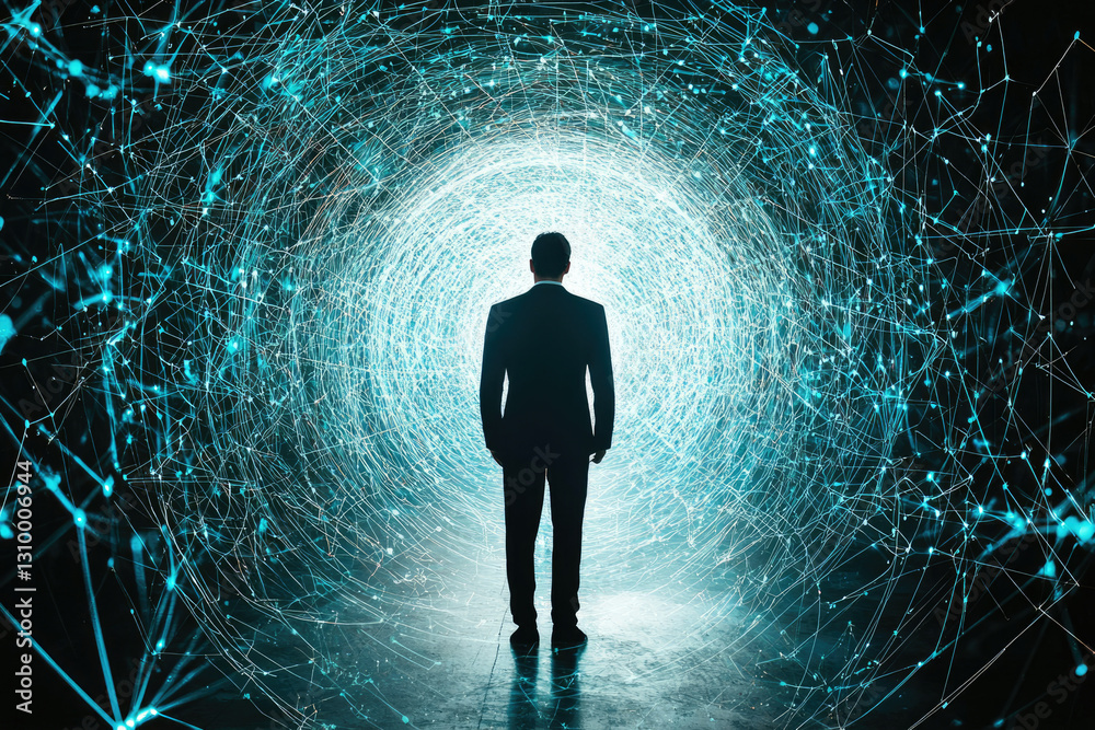 Poster a businessman stands before a swirling vortex of interconnected lines, symbolizing the complexities 