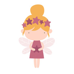 Vector illustration cute fairy girl in a dress, wreath of stars with wings holds a star in her hands. Cartoon forest princess fairy. Delicate illustration for girls. Magic.