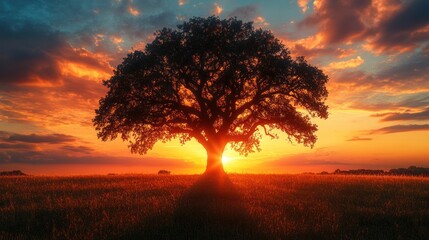 Majestic oak tree silhouetted against vibrant sunset.