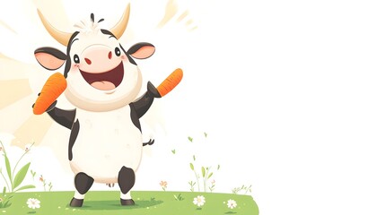 Naklejka premium Happy Cow Holding Two Carrots In A Field