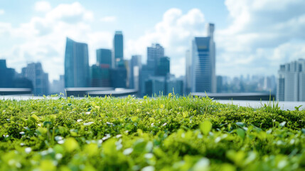 Fototapeta premium Green rooftop garden overlooking modern city skyline with skyscrapers