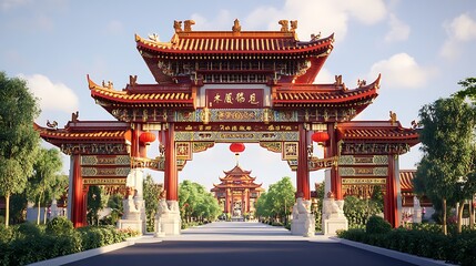 Chinese Temple Entrance Archway, Sunny Day, Garden, Buildings in Background.  Possible Use  Travel Brochure