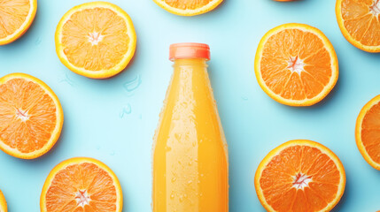 Fresh orange juice bottle surrounded by orange slices on blue background