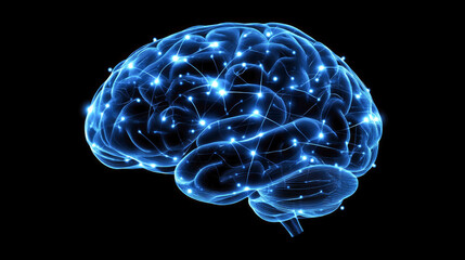 Glowing neural network representation of human brain with pulsating electric blue lights