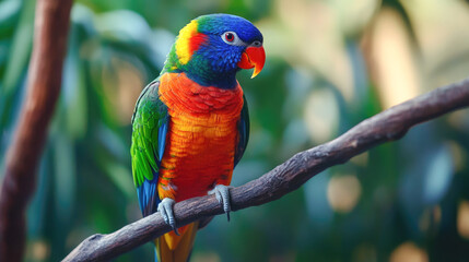 Obraz premium Vibrant rainbow lorikeet perched on tree branch in lush greenery
