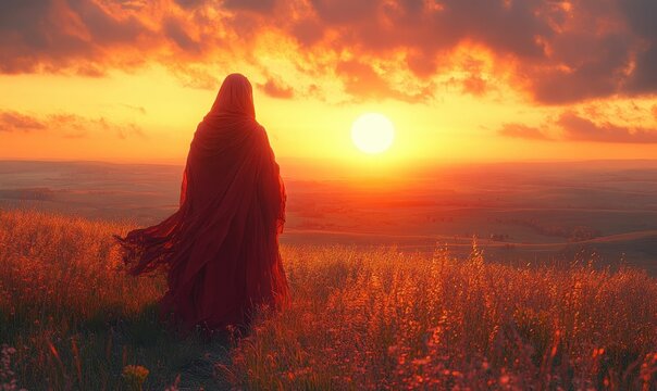 Red robed figure watches sunset over rolling hills.