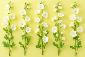 Delicate daisy flowers beautifully arranged in a symmetrical pattern on a cheerful pastel yellow background for a fresh botanical look