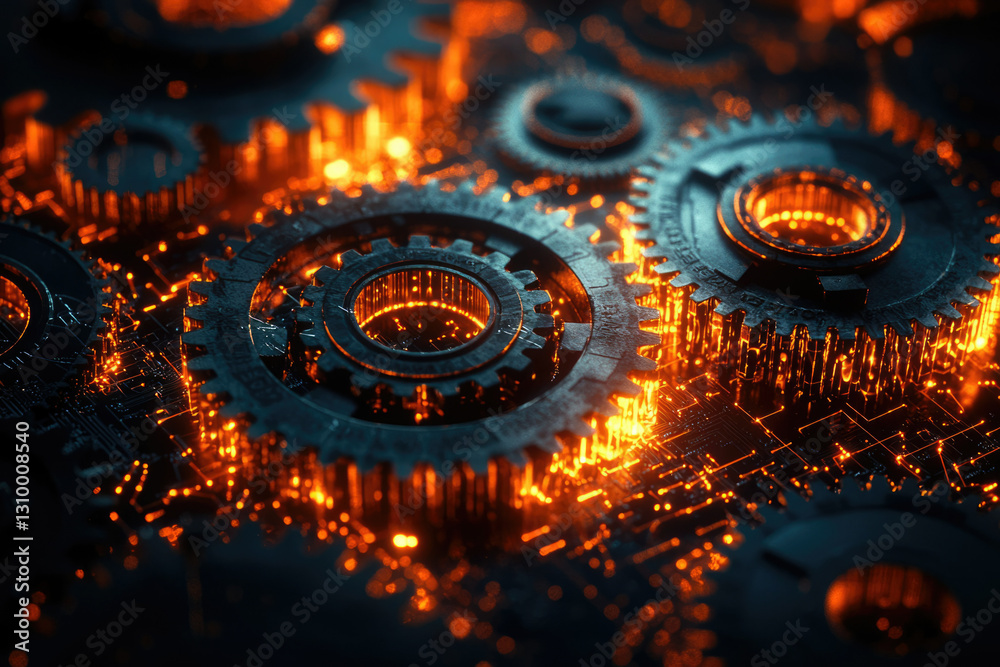 Poster intricate gears glowing orange, interlocked on a circuit board, representing complex machinery and t