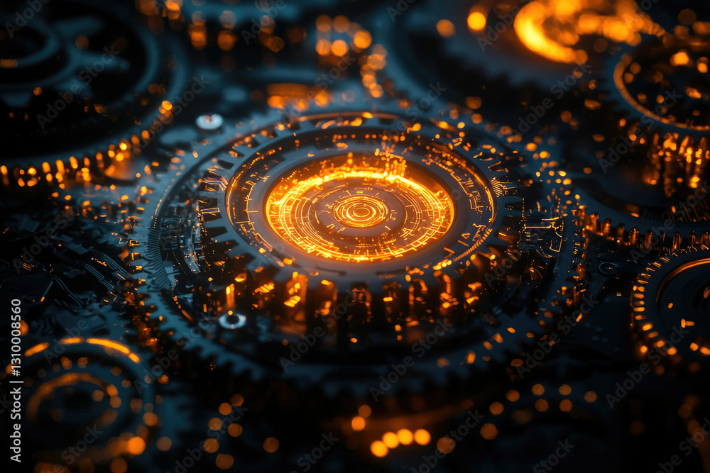 Poster Intricate, glowing gears interlock in a complex, futuristic mechanism, creating a mesmerizing visual of technological innovation.