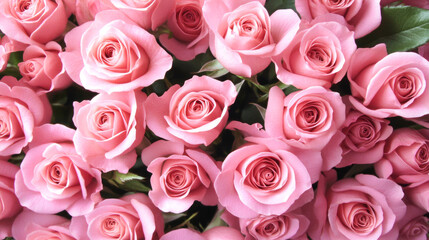 Fototapeta premium Abundant pink roses with lush green leaves in full bloom