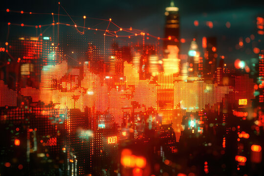 A futuristic city skyline overlaid with a glowing world map, illustrating global interconnectedness and digital transformation.