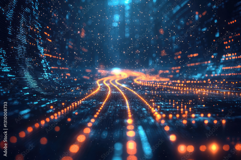 Poster Abstract digital road, glowing paths in a futuristic cyberspace, data streams and digital transformation concept.