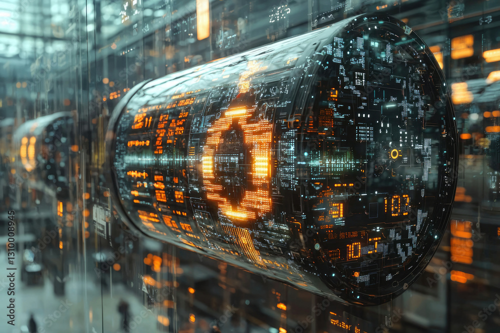 Aufkleber futuristic data cylinder with glowing circuits and digital information processing.